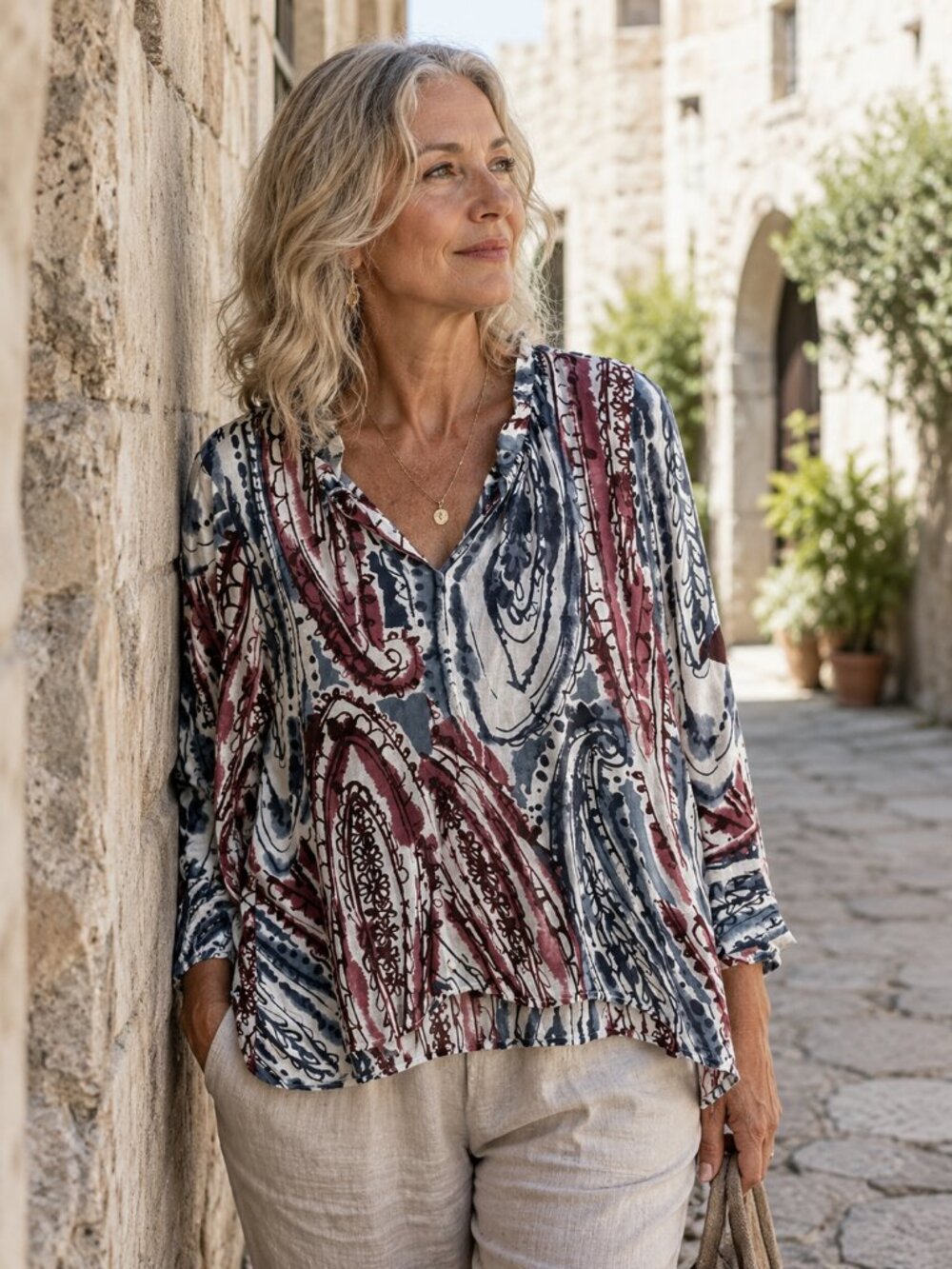 HABITAT Paisley Print Travel Tunic Top Lagenlook Art to Wear Boho 3/4 Sleeve S